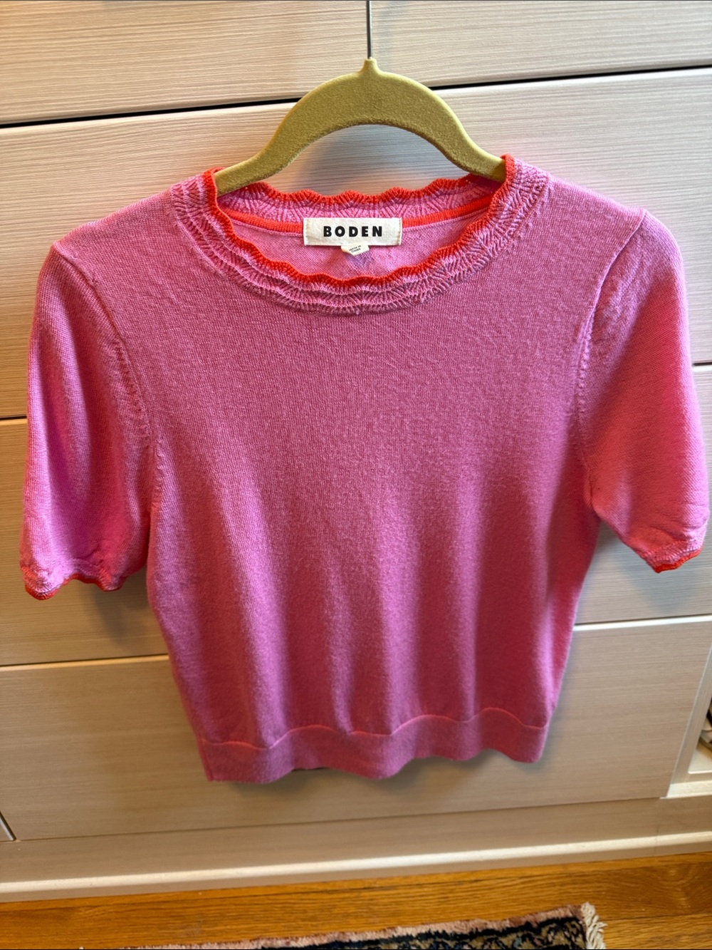 Boden Bright Pink Merino Short Sleeve Sweater with Coral Trim